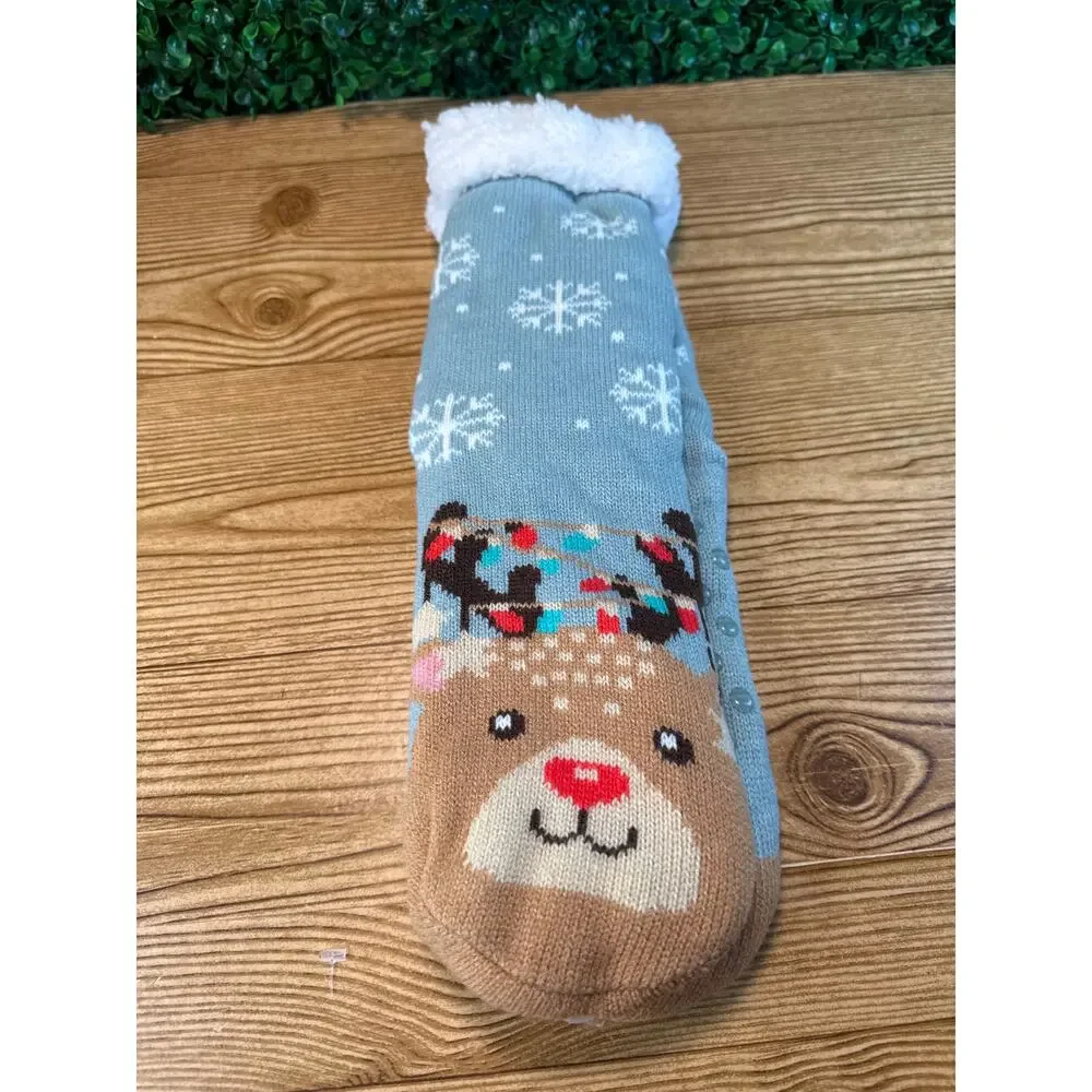 New Sherpa Lined Non-Slip Slipper Socks Reindeer Christmas Slippers One Size